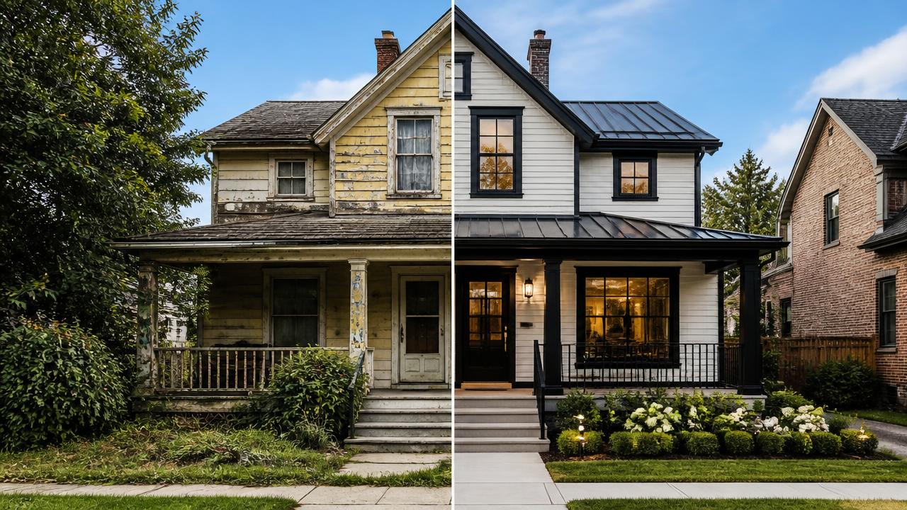 Before and after fix and flip renovation of a single-family house