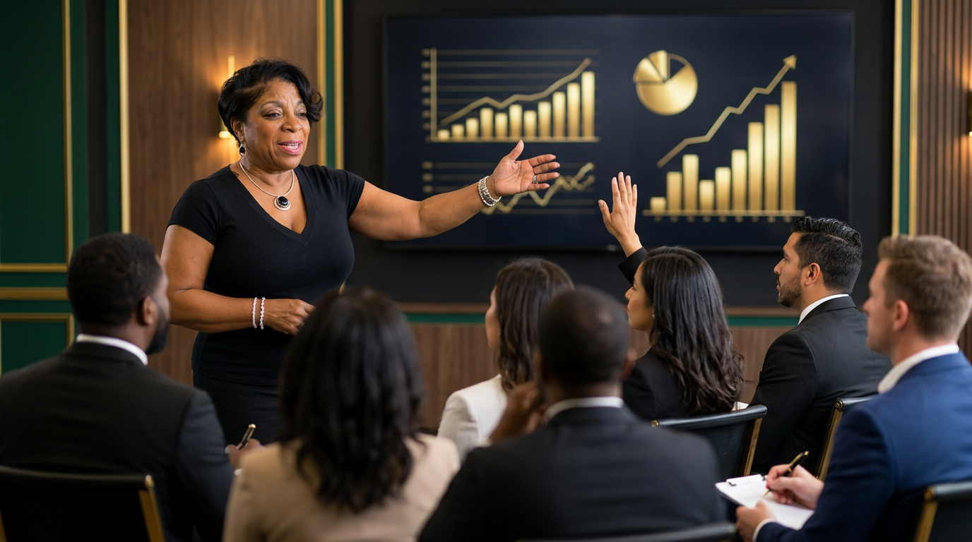 Ms. B The Money Lady teaching a live AI deal-analysis session to a diverse room of real estate professionals